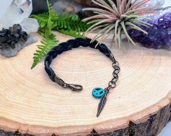 Braided Deerskin Bracelet: Boho Peace Sign Feather Charm