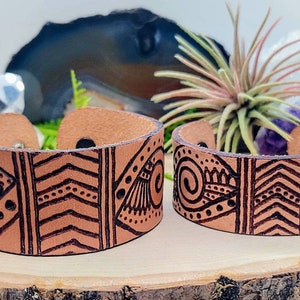 Hand burned leather cuff bracelet, pyrography, unisex, festival wear, bohemian design, hippie style, free spirit