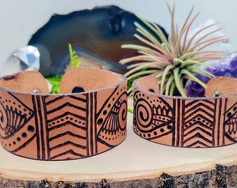 Hand Burned Leather Cuff Bracelet: Pyrography Bohemian Design