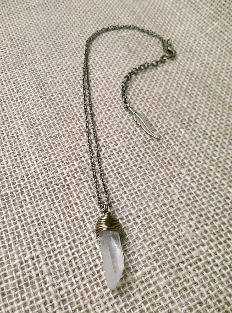 Wire Wrapped Clear Crystal Quartz Necklace Antique Bronze Etsy