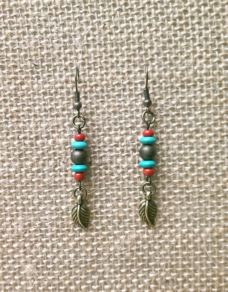 Antique Bronze Leaf Charm Dangle Earrings Turquoise Beads Etsy
