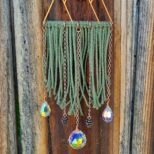 Copper Mountain Suncatcher | Handmade Rainbow Maker with AB Crystals, Crescent Moon & Pinecones | Boho Window Decor, Car Charm, Nature Gift