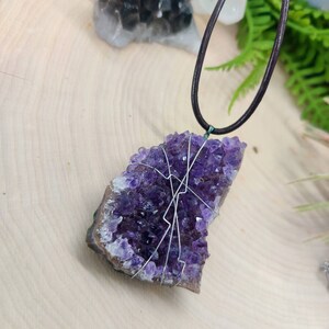Wire-wrapped Amethyst Druzy Geode necklace, brown leather cord, Unisex necklace, Healing stone, hippie jewelry, boho hippie jewelry