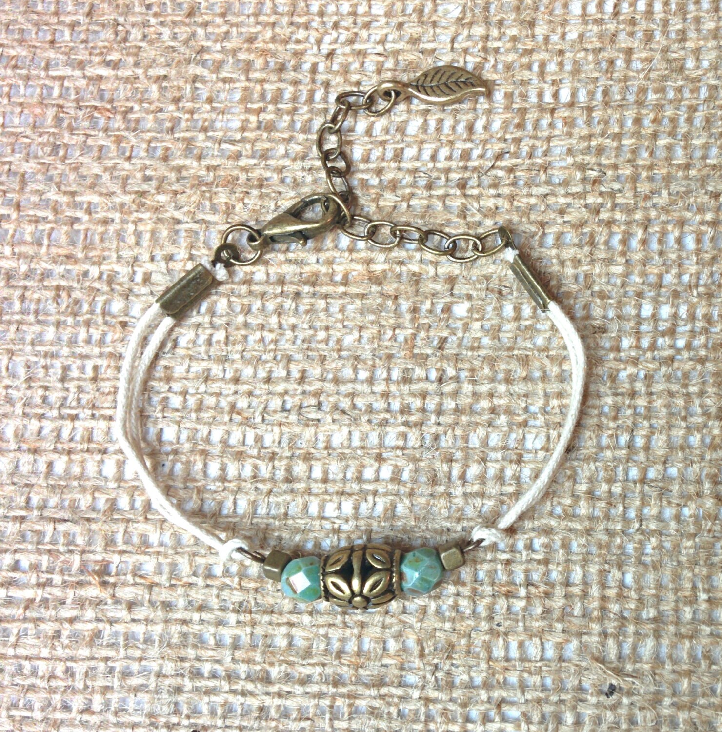 Adjustable White String Bracelet With Bronze Flower Bead Etsy