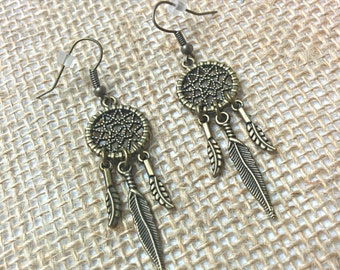 Small Dreamcatcher Antique Bronze Earrings, bohemian style, festival wear, hippie jewelry