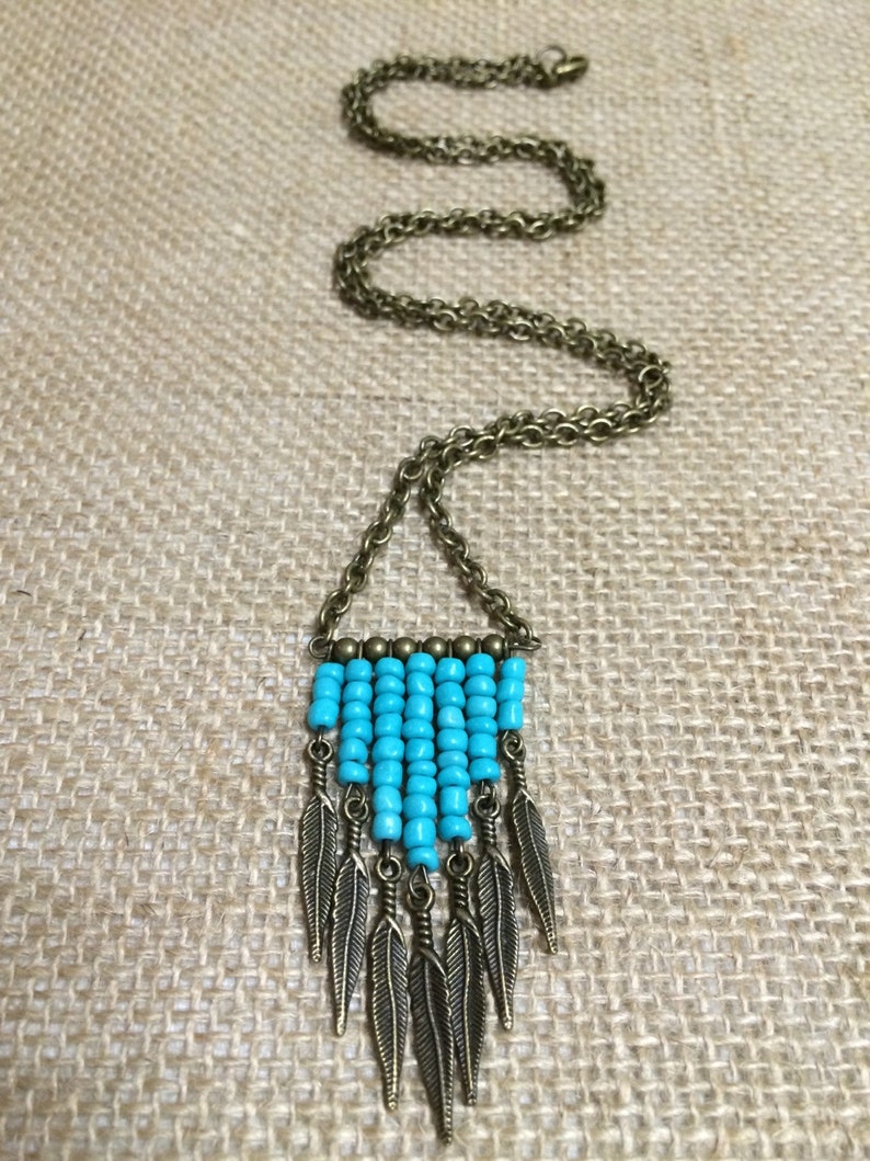 Hand Beaded Turquoise Chevron Necklace With Antique Bronze - Etsy