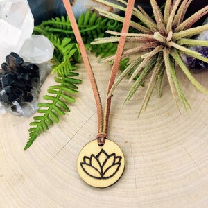 Hand burned wooden coin lotus Om necklace, pyrography, burned, deerskin lace, henna design, namaste, yoga, meditation, heart, love