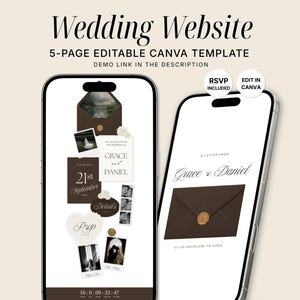 May include: A 5-page editable Canva wedding website template displayed on two smartphones. The screens show a dark brown and white color scheme with text including Wedding Website, Grace and Daniel, RSVP, and Details, featuring envelope graphics.