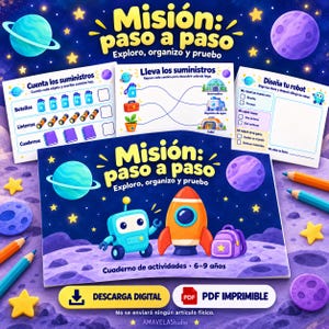 May include: A space-themed activity book titled Misión: paso a paso with a blue robot, orange rocket, and purple backpack on the cover. The set includes worksheets for counting supplies, matching paths, and designing a robot, surrounded by colored pencils.