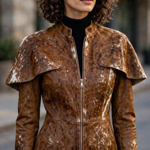Leather Jacket with Cape Shoulder Detail, Zip Front Fitted Jacket, Stand Collar Structured Outerwear