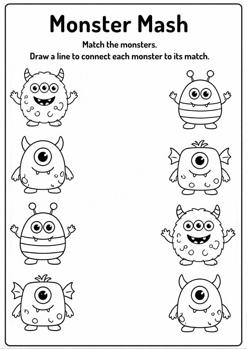 Worksheet Monster Paper Monster Matching Worksheet for Kids, Toddler Fine Motor Activity ...