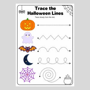 May include: A printable worksheet titled Trace the Halloween Lines with instructions to trace slowly from the dot. It features five rows with icons of a pumpkin, ghost, bat, moon, and spiderweb, each paired with a unique dotted line pattern.