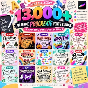 Puede incluir: Un anuncio gráfico digital para una mega colección de más de 13,000 fuentes de Procreate. La imagen presenta texto en negrita y colorido, junto con 14 iconos cuadrados individuales que representan varios paquetes de fuentes como Navidad, Terror, Halloween y Bodas.