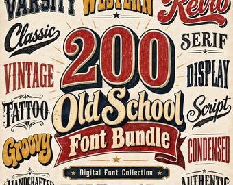 200 Vintage Fonts Bundle, Retro Typography, Western Varsity Groovy Fonts, (Digital Download)