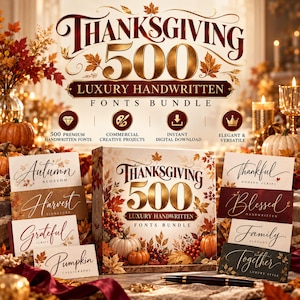Peut inclure: Un affichage de produit numérique présentant le texte Thanksgiving 500 Luxury Handwritten Fonts Bundle, entouré de feuilles d'automne, de citrouilles et de bougies. L'affichage inclut divers exemples de polices comme Autumn Blossom, Harvest, Grateful et Thankful.