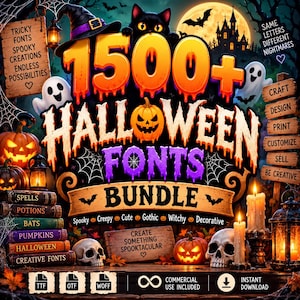 May include: A digital graphic for a 1500+ Halloween fonts bundle featuring orange and purple text, a black cat, pumpkins, skulls, ghosts, a haunted house, and lanterns. The image includes text labels like Spooky, Creepy, Cute, Gothic, Witchy, Decorative, and file formats TTF, OTF, and WOFF.