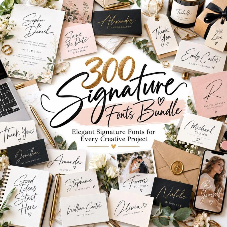 300 Signature Fonts Bundle, Elegant Script, Handwritten Typography ...