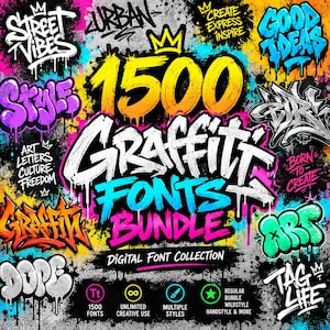 Puede incluir: Un gráfico de colección de fuentes digitales con el texto 1500 GRAFFITI FONTS BUNDLE en amarillo, blanco y azul vibrantes. El diseño incluye varias palabras en estilo grafiti como STREET VIBES, STYLE, GOOD IDEAS, DOPE y ART, con goteos.