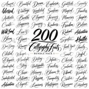 May include: A digital collection of 200 calligraphy fonts displayed in a grid. The central text reads 200 Calligraphy Fonts BUNDLE PACK 1 in bold black lettering. Surrounding this are various words written in diverse black cursive scripts.