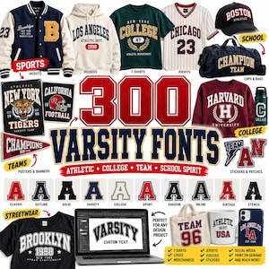 Può includere: Una collezione digitale di 300 font varsity con stili tipografici atletici, universitari, di squadra e di spirito scolastico. L'esposizione include vari capi di abbigliamento come giacche, felpe con cappuccio, magliette, maglie, cappellini e borse, oltre a poster, adesivi e toppe che mostrano questi caratteri audaci in stile college.