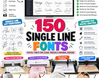 Puede incluir: Una pantalla de producto digital que presenta 150 fuentes de línea única para manualidades. La imagen muestra una pantalla de computadora con vistas previas de fuentes, iconos de formatos de archivo y ejemplos de uso con diversas máquinas.