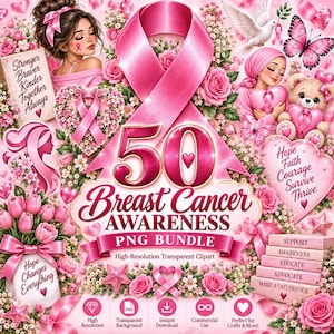 Puede incluir: Un paquete gráfico digital para la concienciación sobre el cáncer de mama con un gran lazo rosa, el número 50 y textos como Stronger Braver Kinder Together Always, Hope Faith Courage Survive Thrive y Hope Changes Everything con detalles florales.