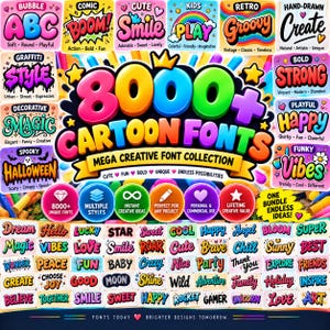 Pode incluir: Uma exibição gráfica digital com o texto 8000+ CARTOON FONTS MEGA CREATIVE FONT COLLECTION. A imagem mostra vários estilos de fontes coloridas, incluindo temas de bolhas, quadrinhos, grafite e assustadores, com inúmeras palavras de exemplo.
