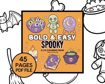 Dibujos de Halloween atrevidos y sencillos: 45 páginas para colorear con motivos terroríficos y contornos gruesos para adultos, calaveras y calderos. PDF imprimible al instante.