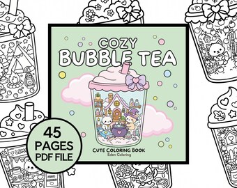 Libro para colorear de té de burbujas acogedor para adultos, 45 páginas para colorear de cafeterías boba kawaii, lindas páginas para colorear imprimibles, descarga instantánea en PDF.