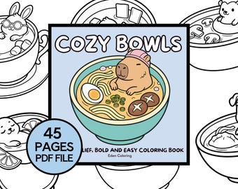 Libro para colorear para adultos con líneas sencillas y llamativas, 45 animales kawaii en tazones de sopa y tazas, PDF imprimible para colorear antiestrés.