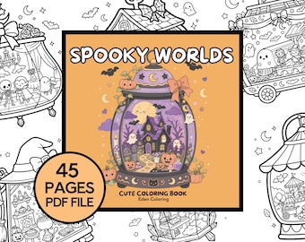 Libro para colorear para adultos "Mundos pequeños y espeluznantes", 45 páginas para colorear de Halloween con temática kawaii, espeluznante y adorable, páginas para colorear imprimibles, descarga instantánea en PDF.