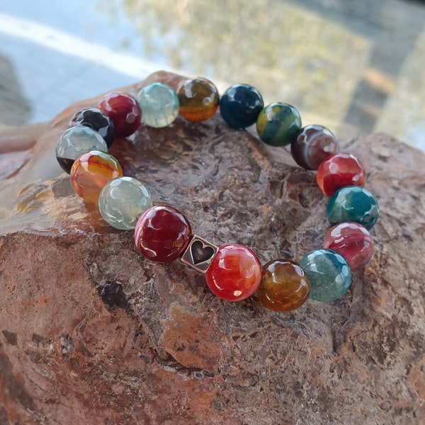 Good Vibes Colorful Faceted Agate & Sterling Silver Heart Energy Bracelet, Beaded Reiki Gemstone Stretch Wrist Mala