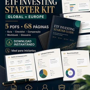May include: An ETF Investing Starter Kit digital product display featuring a guide, workbook, and glossary across 5 PDFs totaling 68 pages. The layout includes text, charts, and icons for global and European market investing, with a black pen in the foreground.