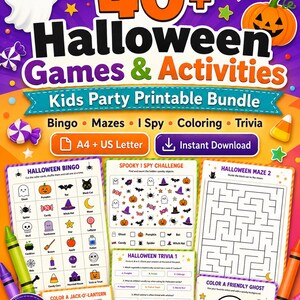 Pode incluir: Um pacote digital imprimível com mais de 40 jogos e atividades de Halloween para crianças, incluindo bingo, labirintos, jogos de observação, colorir e trivia. O gráfico exibe ilustrações coloridas de fantasmas, abóboras e morcegos.