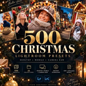 Puede incluir: Un anuncio de producto digital para 500 ajustes preestablecidos de Lightroom navideños de Zovyn. El gráfico presenta cuatro ejemplos fotográficos de personas y escenas festivas, texto dorado que dice 500 Christmas Lightroom Presets e iconos de compatibilidad.