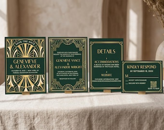 Ensemble d'invitations de mariage Art Déco modifiables sur Canva, style Gatsby vert émeraude et or, avec carte « Réservez la date », formulaire de réponse et détails.