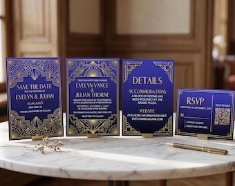 Modernes Art-déco-Hochzeitseinladungsset in Marineblau und Gold, bearbeitbare Canva-Vorlage im Stil von „Der große Gatsby“, druckbare Antwortkarten, Sofort-Download