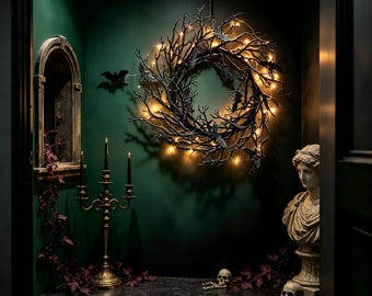 Pre Lit Twig Wreath with Fairy Lights Battery Operated Timer Halloween Hanging Decor for Indoor Outdoor Door Wall Display