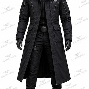 May include: A black long coat with a hood, featuring multiple zippered pockets, a front button closure, and the Carfnero logo on the chest. The outfit includes black trousers with a side strap, black gloves, and black lace-up boots.
