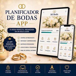 Op de afbeelding: Een trouwplanner-app weergegeven op een tablet en smartphone, met de tekst Mi Boda, een voortgangsbalk op 68% en iconen voor budget, gasten en leveranciers. Twee gouden trouwringen liggen ernaast op een lichte ondergrond met bloemaccenten.