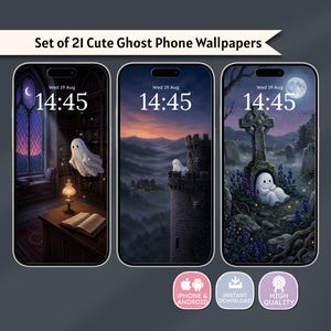 May include: A set of 21 cute ghost phone wallpapers displayed on three smartphones. The screens show digital illustrations of ghosts in a library, a castle tower, and a graveyard under a full moon. The text Set of 21 Cute Ghost Phone Wallpapers is visible.