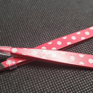 Metal Pointed & Flat Angled Mini Tweezers Set Dark Pink with White Polka Dots