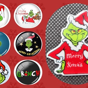 May include: Set of six Grinch Christmas themed glass cabochons. Each cabochon features a different image of the Grinch wearing a Santa hat and a red and white suit. The cabochons are perfect for crafting projects, jewelry making, and scrapbooking.