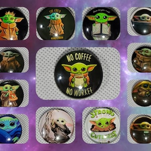 May include: A collection of 12 round, colourful buttons featuring a popular fictional character. The buttons have various designs, including the character holding a cup of coffee, a pizza slice, and a lightsaber. The text "No Coffee No Workee" and "Strong Cuteness" are featured on two of the buttons.