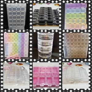 May include: Assortment of clear plastic containers with compartments for organizing small items. Some containers are stacked, while others are open. The containers are various sizes and shapes, with some having lids.