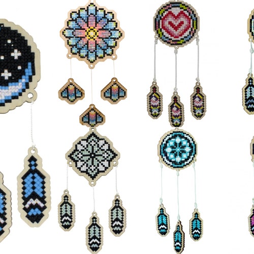 Dreamcatcher Themed WIZARDI™ Brand Wooden Charms * Square Drill * Double-Sided * AB Drills (As Indicated) * Beginner Friendly *