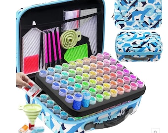 May include: A blue and white patterned storage case with a black handle. The case is open and filled with small containers of colorful beads. The case also includes a funnel, tweezers, and other tools for diamond painting.