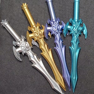 May include: Four decorative sword-shaped pens in silver, gold, blue, and purple. The pens have intricate details and are a fun and unique writing tool.