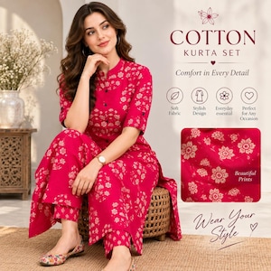 May include: A bright pink cotton kurta set featuring a repeating white floral pattern. The garment includes a long-sleeved tunic with a button-down front and matching trousers. Text on the image reads: COTTON KURTA SET, Comfort in Every Detail, Beautiful Prints, and Wear Your Style.