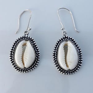 May include: A pair of drop earrings featuring white cowrie shells set in oval-shaped silver-toned metal frames with a beaded, twisted rope texture. The earrings hang from simple silver-toned metal hooks, showcasing a natural shell centre.